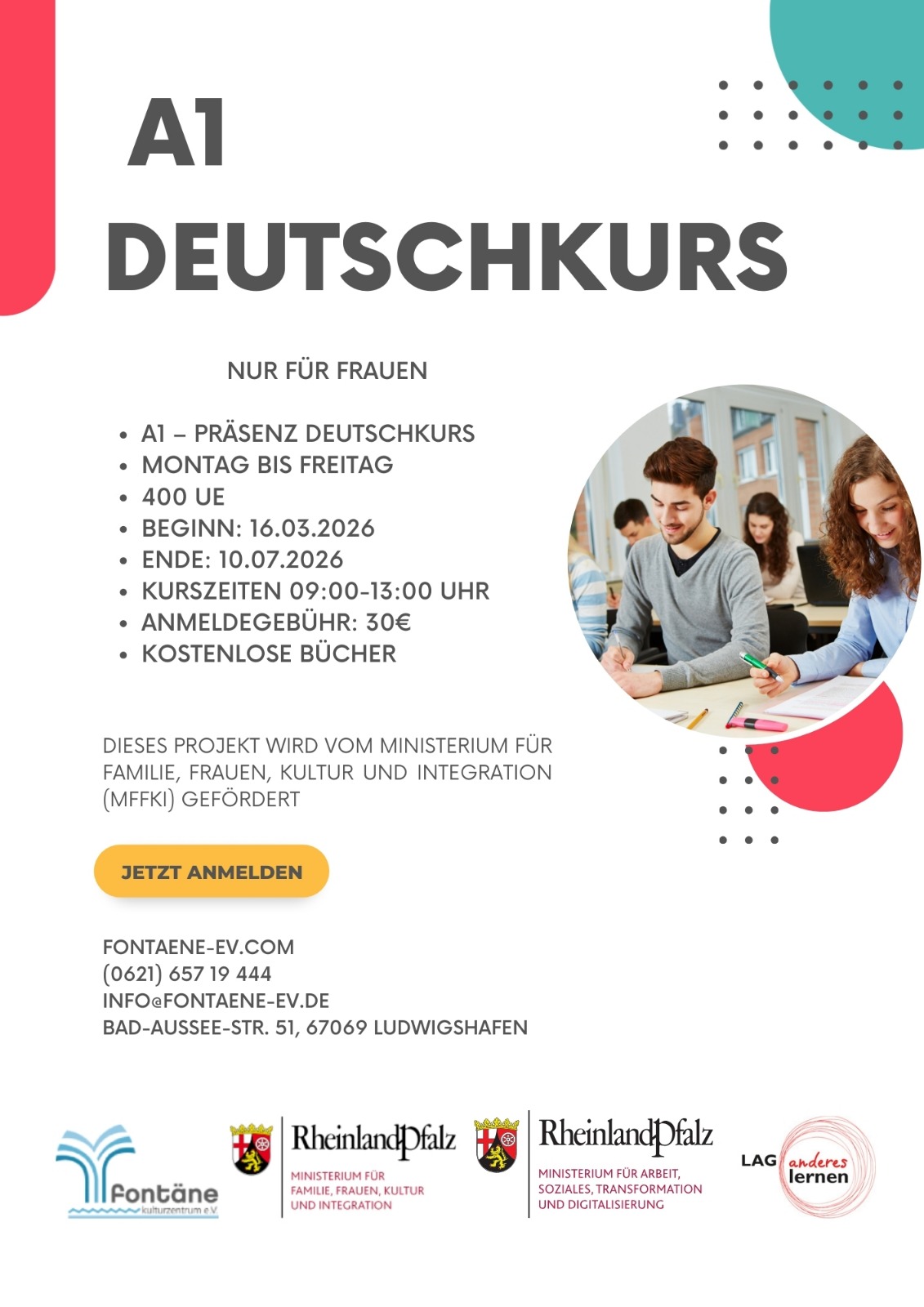 A1 Deutschkurs Frauen 16.03.-10.07.2026